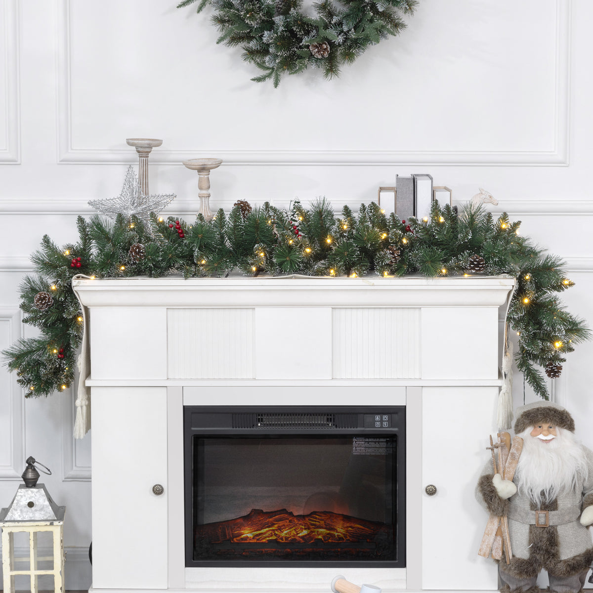 Guirlande de Noël artificielle lumineuse de 1,8 m avec pommes de pin, grappes de baies, 50 lumières LED et minuterie-1