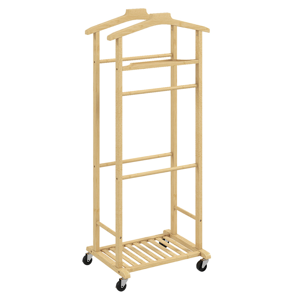 Portant à vêtements sur roulettes, porte-manteaux en bambou, double cintre intégré, 47 x 33,7 x 105,5 cm, bois naturel-0