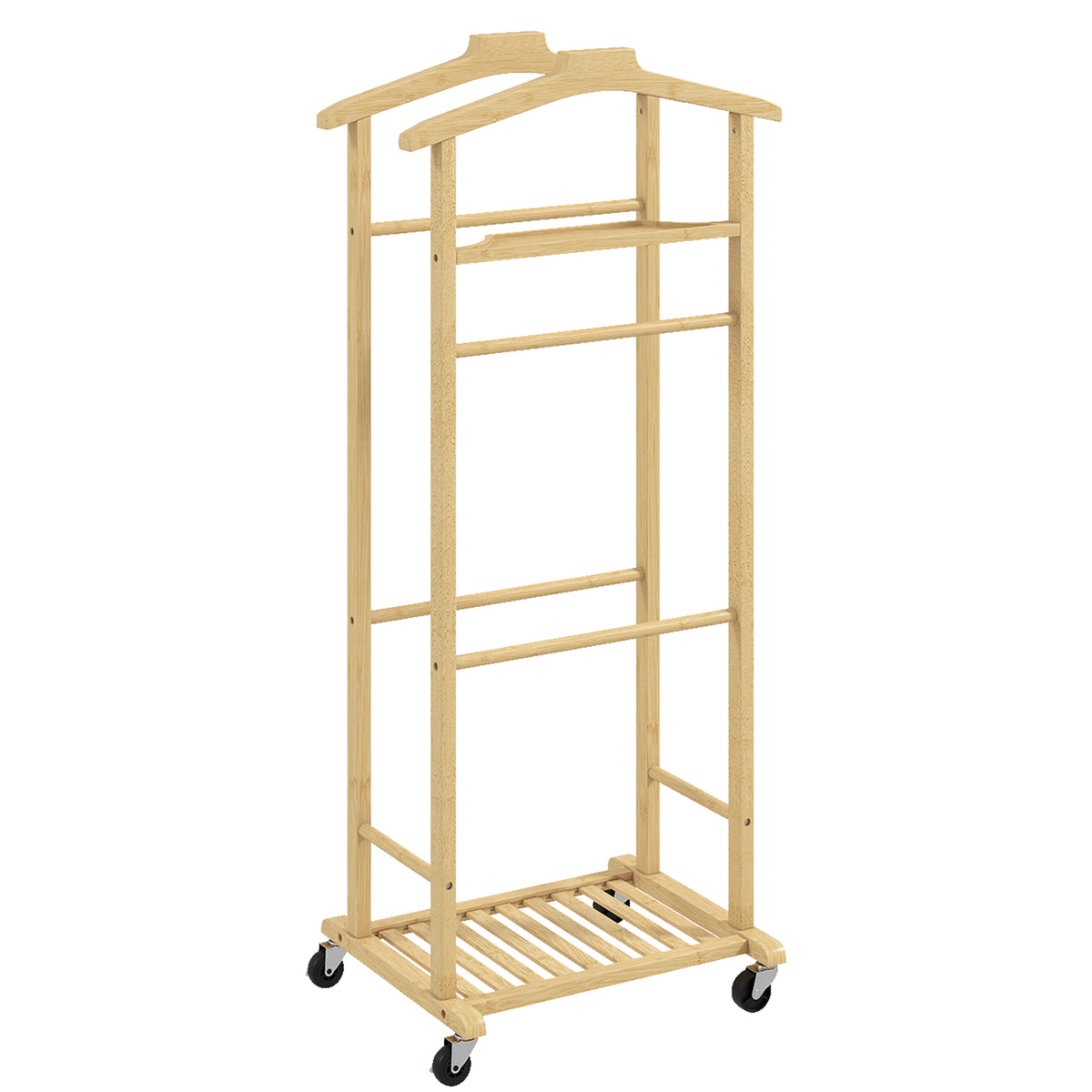 Portant à vêtements sur roulettes, porte-manteaux en bambou, double cintre intégré, 47 x 33,7 x 105,5 cm, bois naturel-0