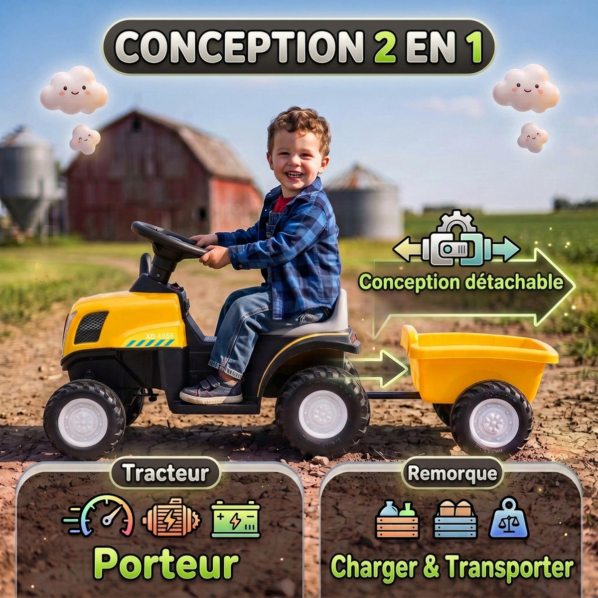 Tracteur Électrique Enfants 6 V avec Remorque Amovible, Voiture Électrique Enfants, Batterie au Lithium, 1-3 ans, Jaune-4
