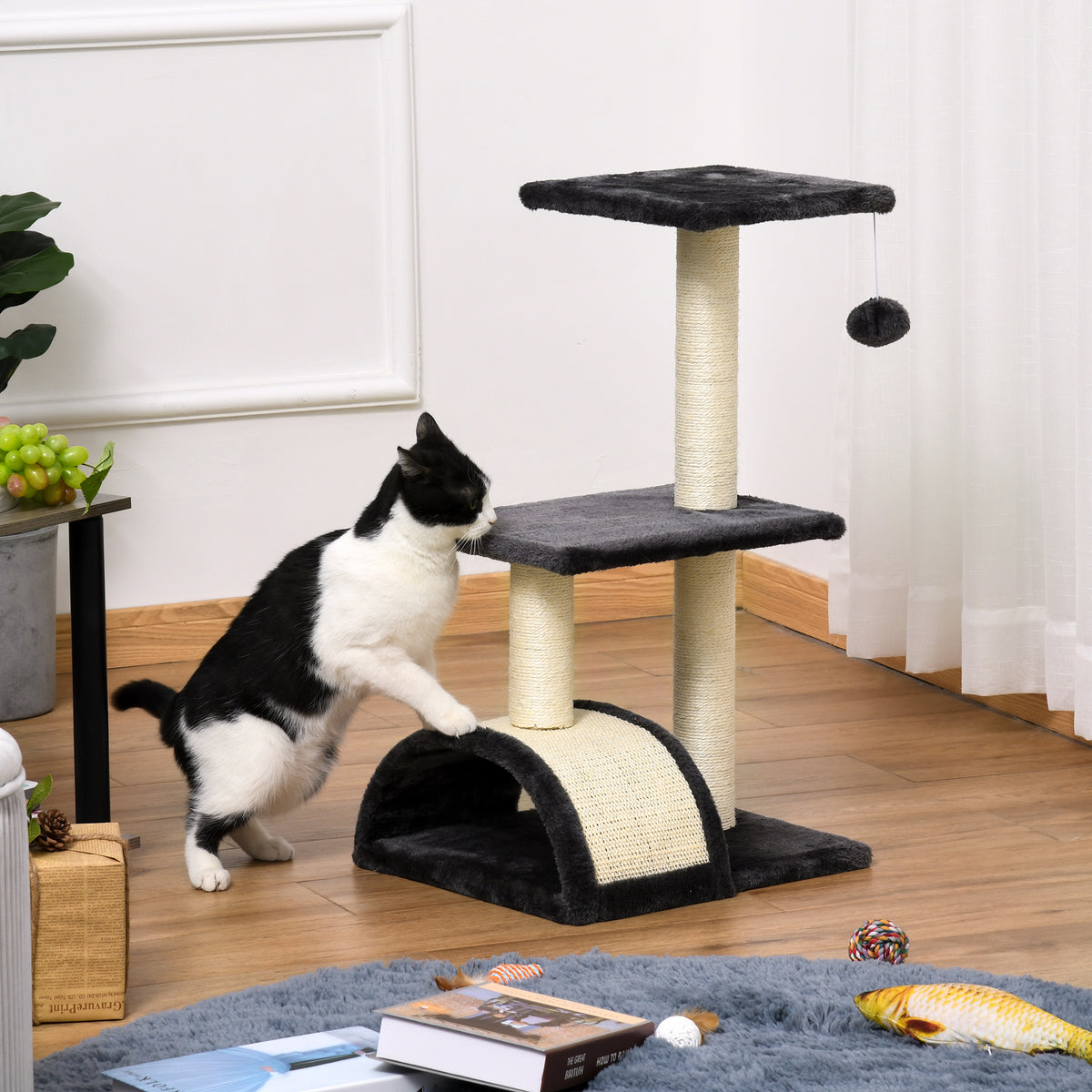 Arbre à chat arbre à grimper griffoir pour chat hauteur 72 cm balle suspendue gris foncé-9