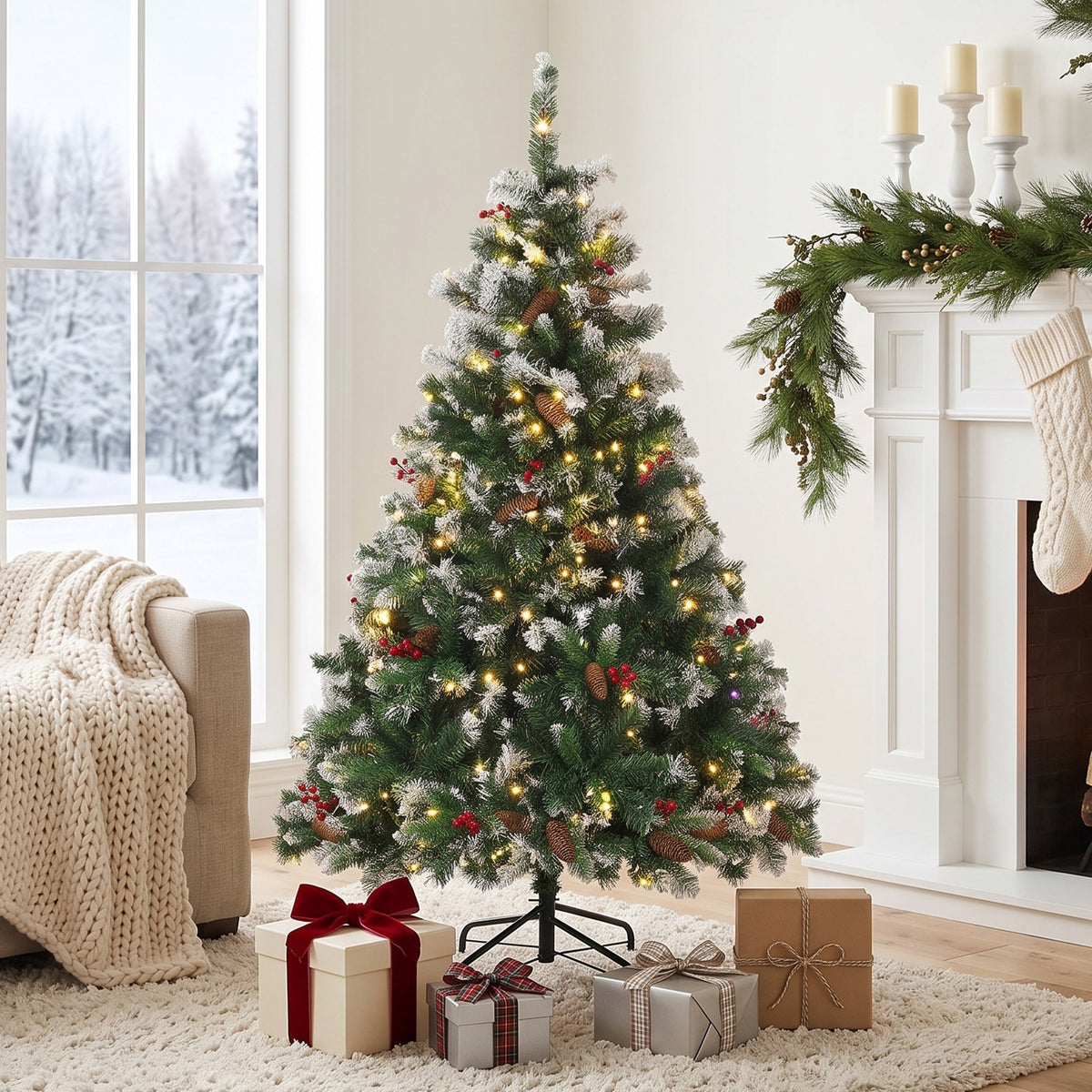 Sapin de Noël Artificiel Lumineux et Enneigé 120cm, Arbre de Noël, Télécommande, 11 Modes d'Éclairage, 150 LED, Vert-1