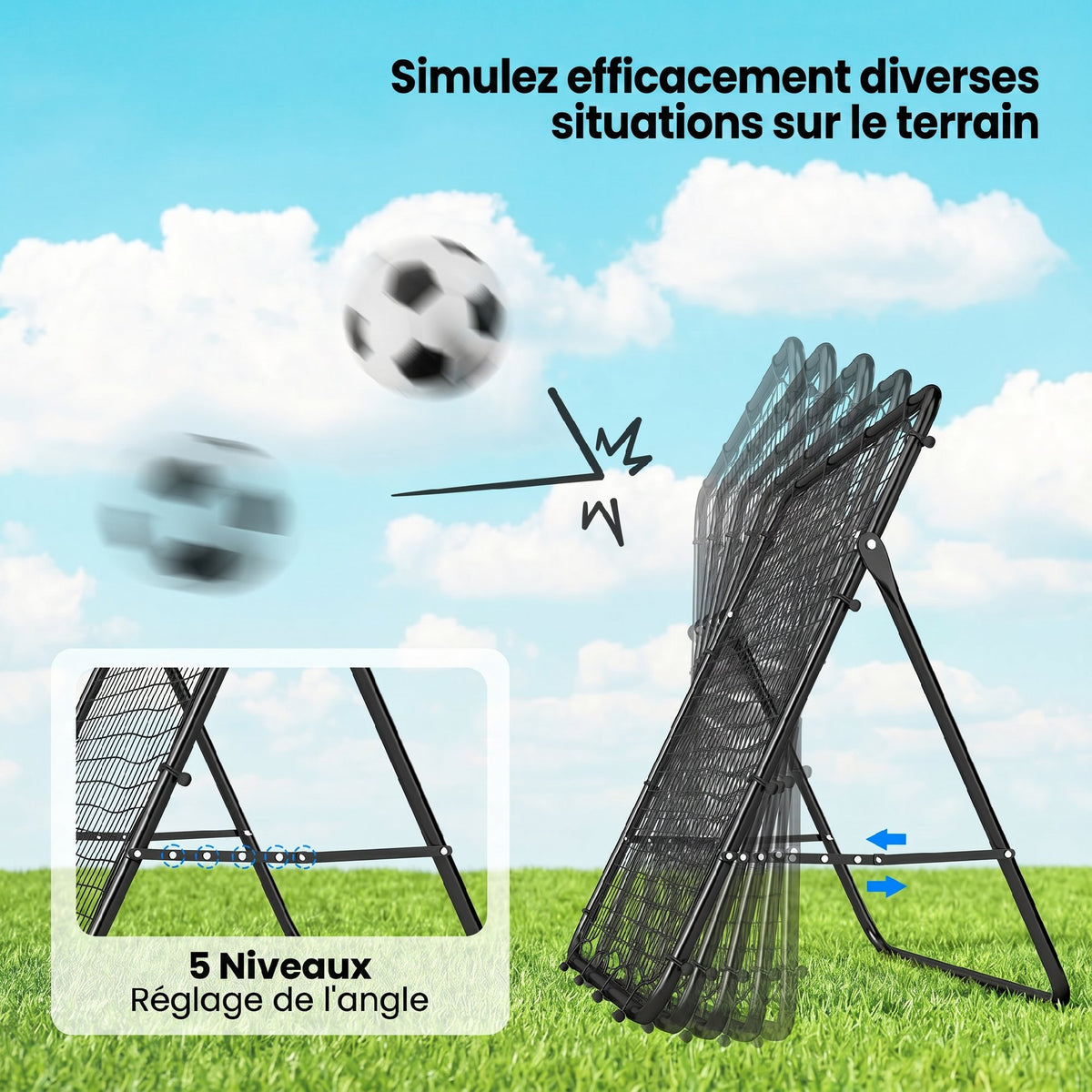 Filet de Rebond Pliable Réglable à 5 Angles avec 24 Cordes Élastiques Filet pour Football, Acier, 120x73x112cm, Noir-3