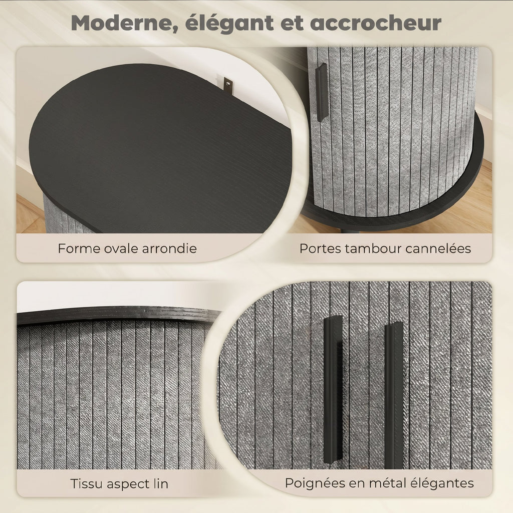Buffet salon, meuble de rangement ovale avec 2 portes coulissantes et 2 compartiments, 80 x 40 x 78 cm, gris-3