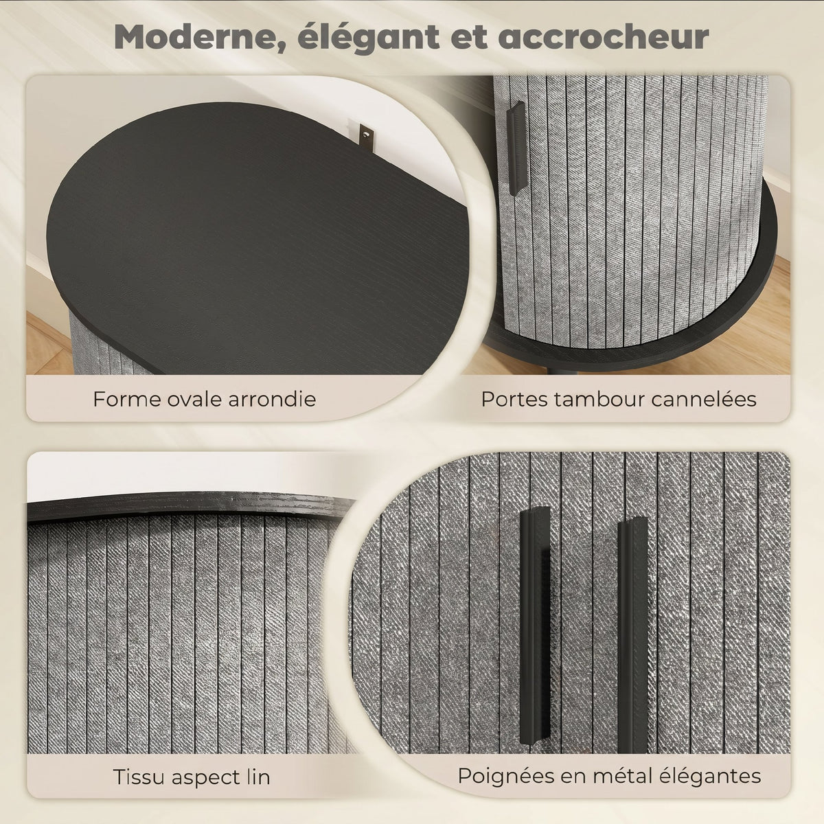 Buffet salon, meuble de rangement ovale avec 2 portes coulissantes et 2 compartiments, 80 x 40 x 78 cm, gris-3