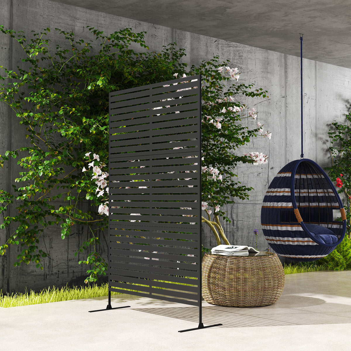 Panneau Brise Vue Extérieur Décoratif en Acier 122x198cm, Treillis pour Plantes Grimpantes, Support, Panneau Rayé, Noir-7