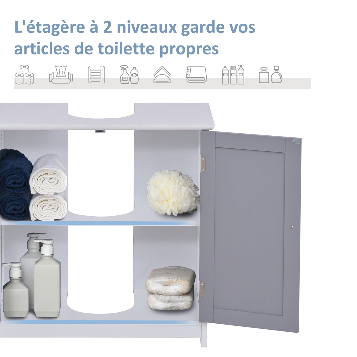Meuble salle de bain sous lavabo - meuble sous-vasque - placard 2 portes avec étagère - dim. 60L x 30l x 60H cm - en bois gris blanc-4