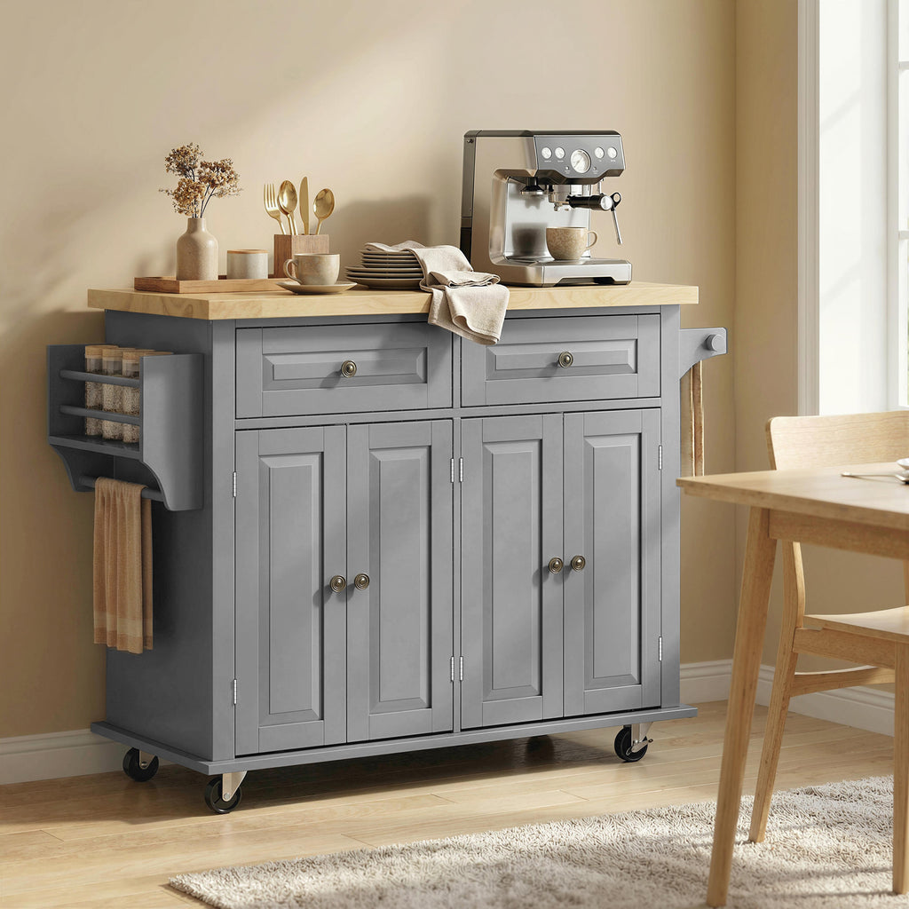 Îlot Central Cuisine avec Plateau en Hévéa, Desserte de Cuisine sur Roulettes avec 2 Tiroirs, 111 x 44,5 x 82,5 cm, Gris-8