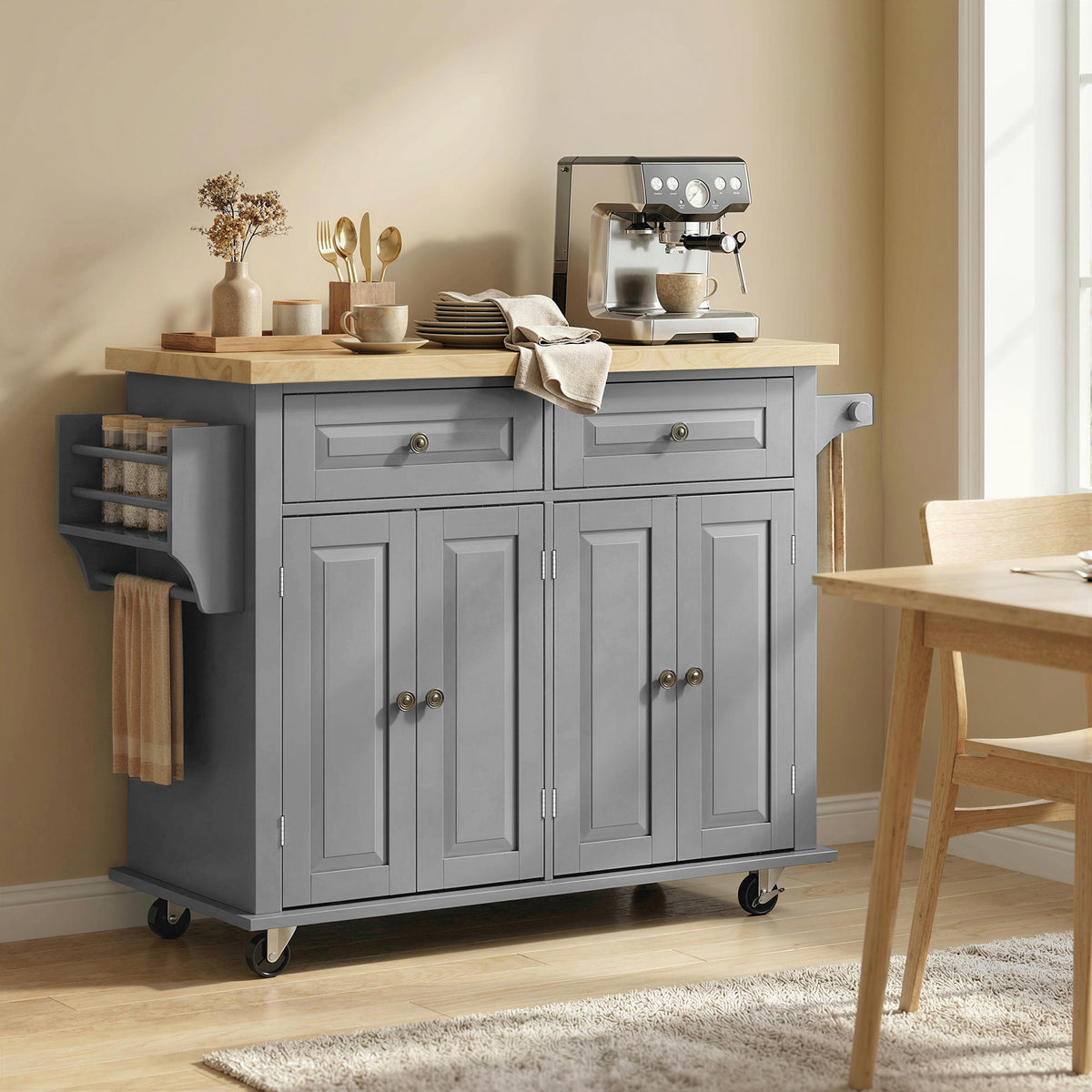 Îlot Central Cuisine avec Plateau en Hévéa, Desserte de Cuisine sur Roulettes avec 2 Tiroirs, 111 x 44,5 x 82,5 cm, Gris-8