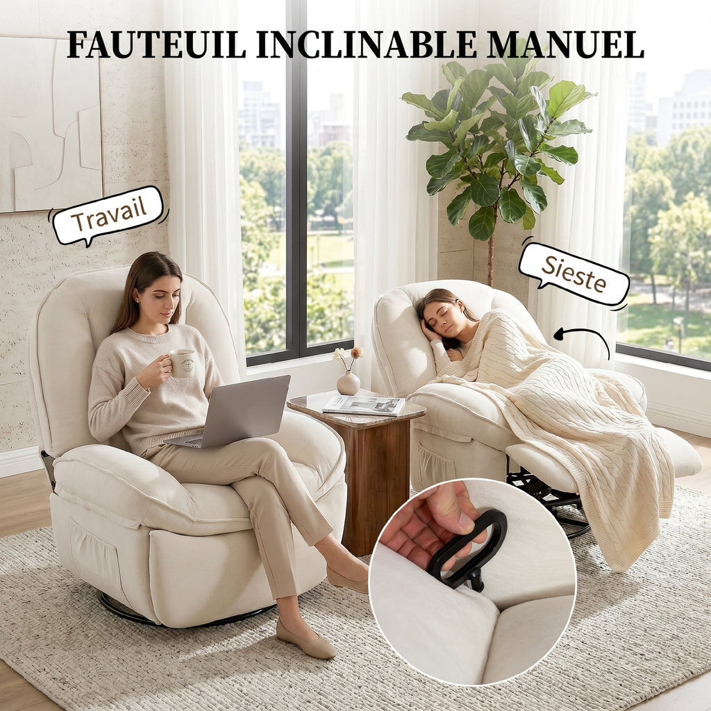 Fauteuil inclinable en chenille, fauteuil de relaxation pivotant à 360°, assise large, poches latérales, crème-3