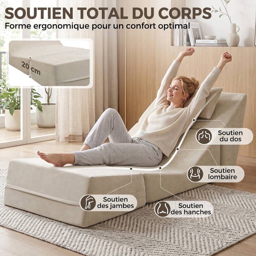 Canapé-Lit Pliant 3 en 1, Chauffeuse 1 Place Convertible en Chenille, Coussin et Dossier, Compressé Sans Montage, Beige-4