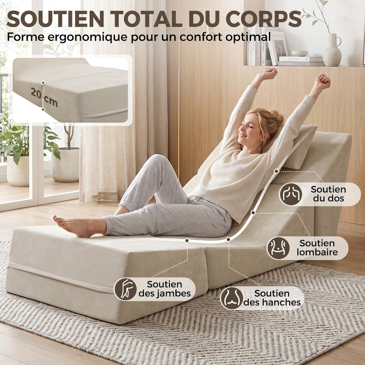 Canapé-Lit Pliant 3 en 1, Chauffeuse 1 Place Convertible en Chenille, Coussin et Dossier, Compressé Sans Montage, Beige-4