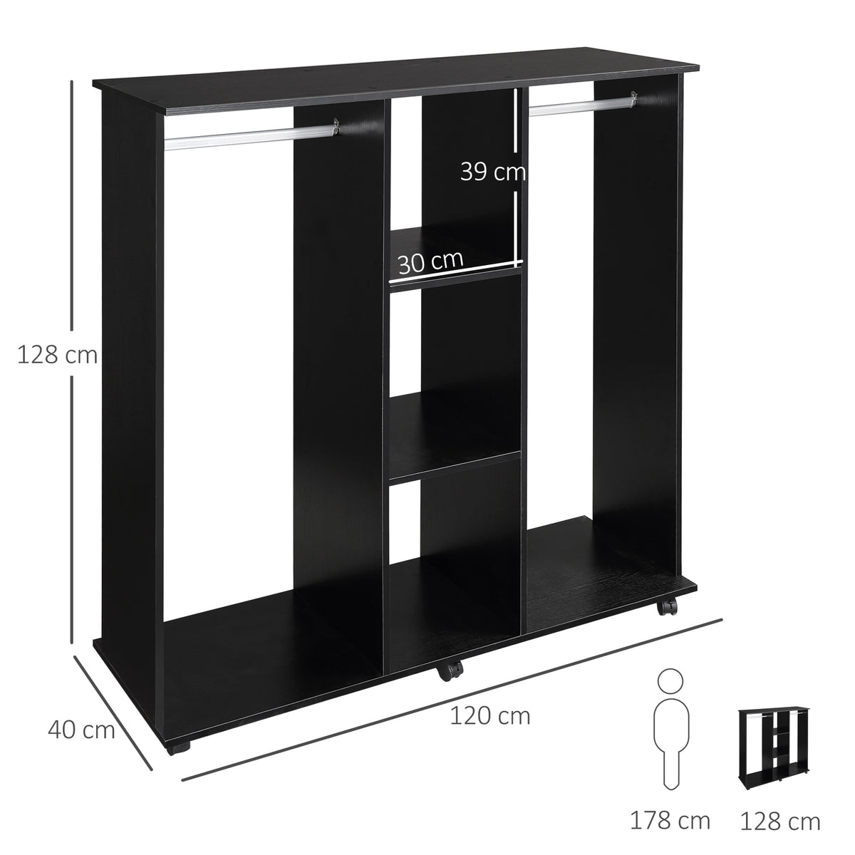 Armoire penderie Meuble de Rangement Mobile 6 roulettes 120L x 40l x 128H cm en bois Noir-2