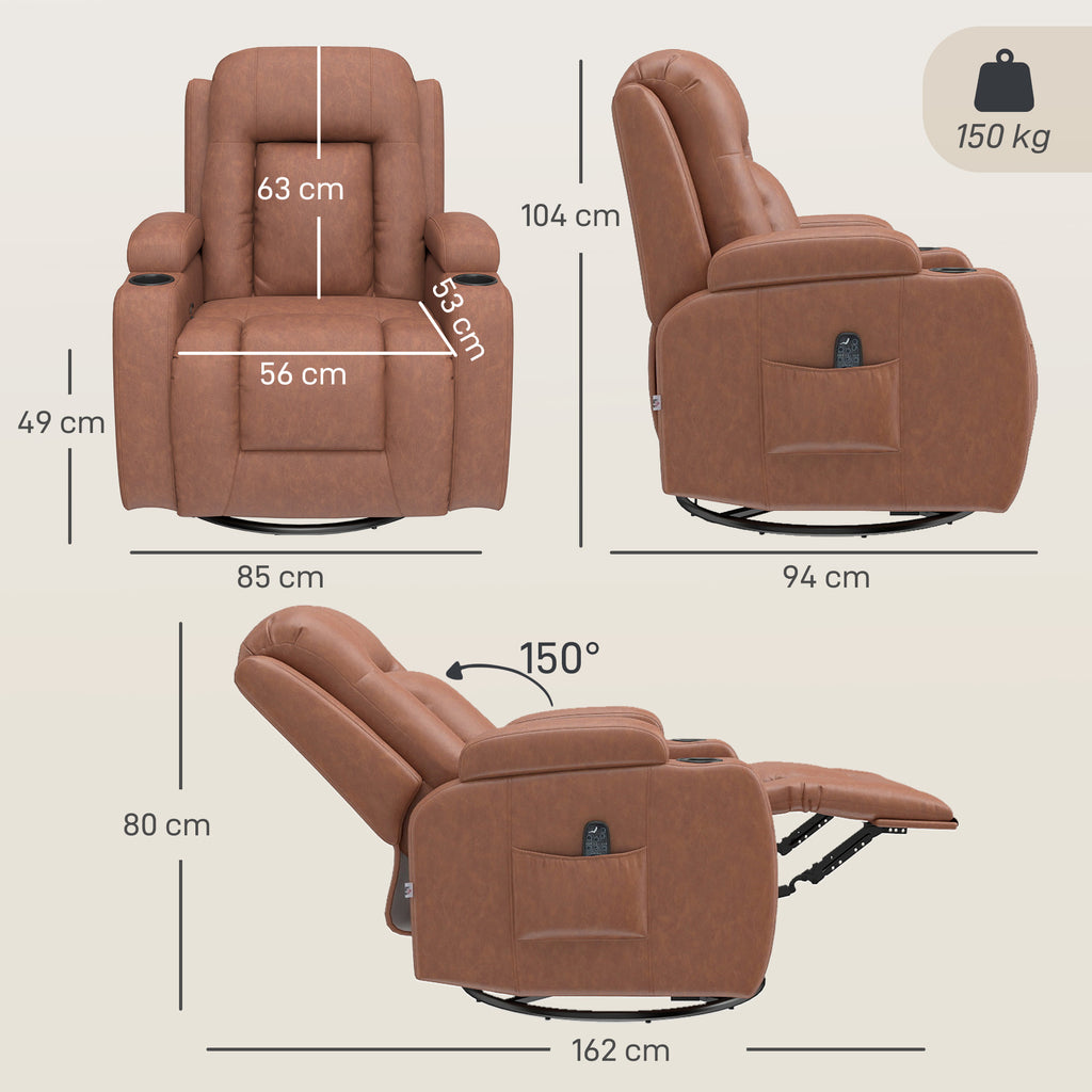 Fauteuil Inclinable de Massage et Chauffage, Fauteuil de Relaxation, Dossier Réglable, Pivotant, 82x99x103cm, Marron-2