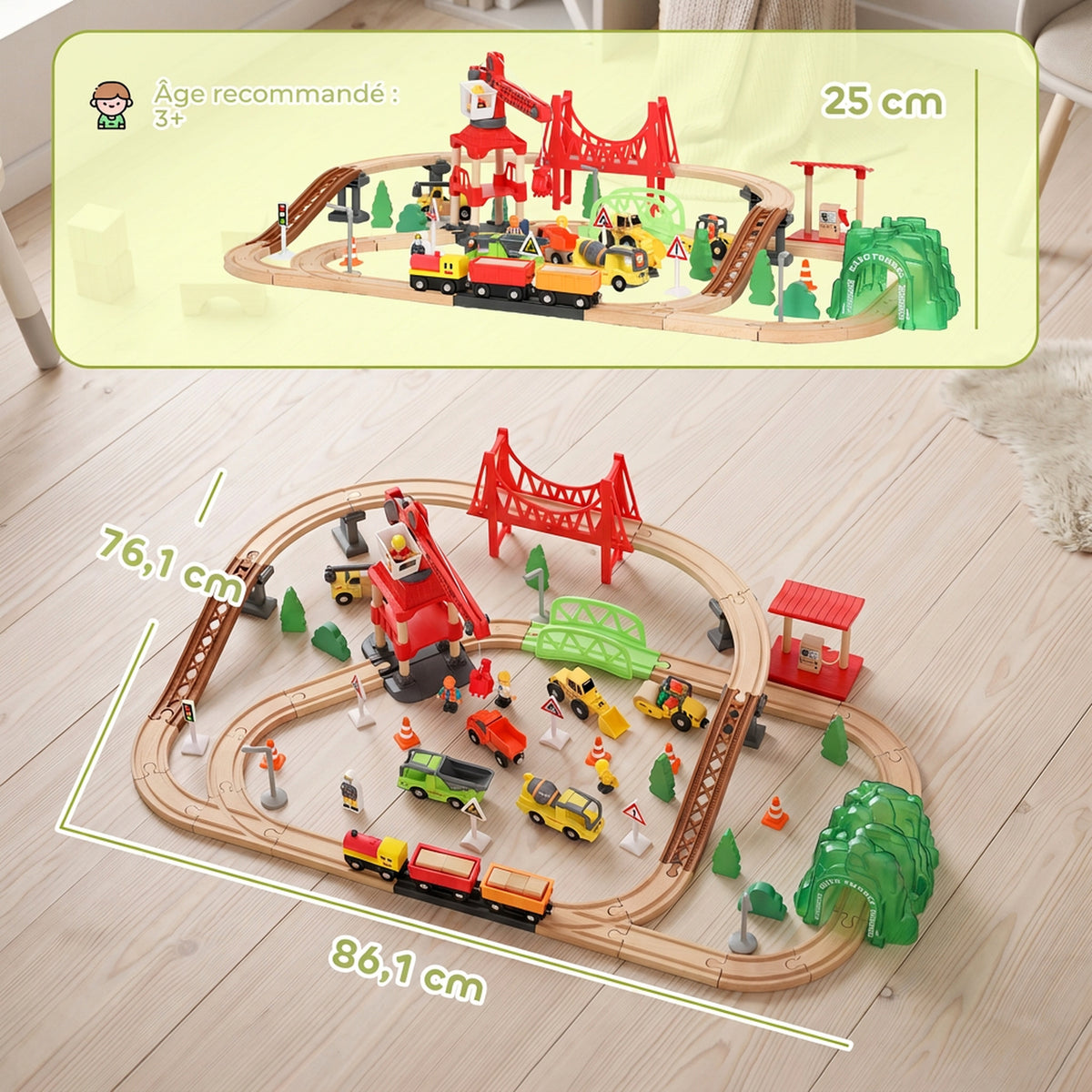 Circuit Train en Bois Enfant 91 Pièces avec Rails, Véhicules de Chantier, Pont, Sonores, 86,1x76,1x25cm, Multicolore-2