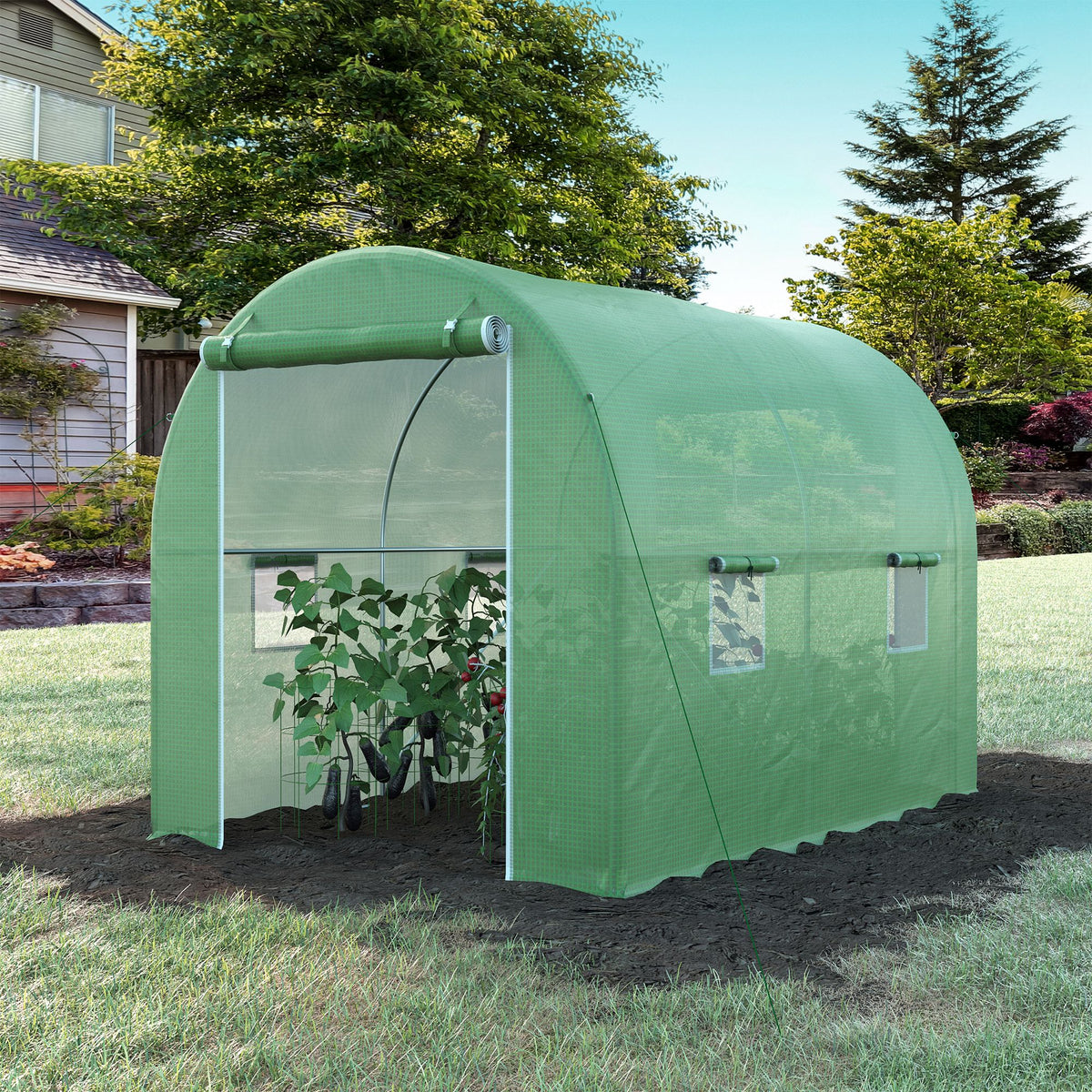 Serre de Jardin Tunnel Surface Sol 6 m² 3L x 2l x 2,10H m châssis Tubulaire renforcé Porte zippée 4 fenêtres enroulables cadre en métal Vert-9
