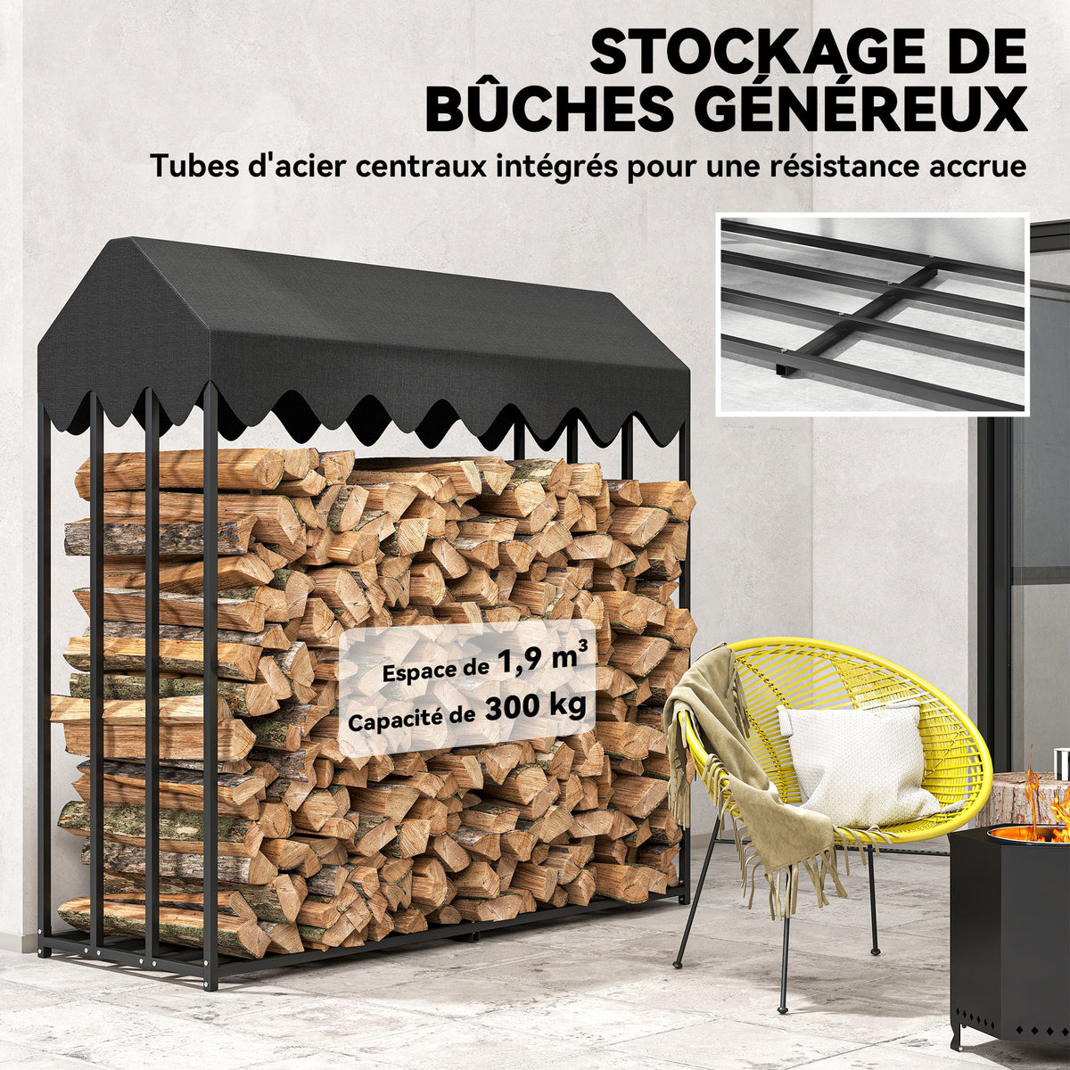Range bûches extérieur, étagère à bûches avec housse de protection 600D Oxford capacité 1,9 m³, acier 186x70x185cm noir-3
