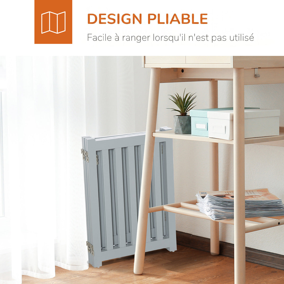 Barrière de Sécurité Chien Pliable Double Face en Bois, 4 Panneaux avec Porte, Pieds de Support, 205 x 60 cm, Gris-5
