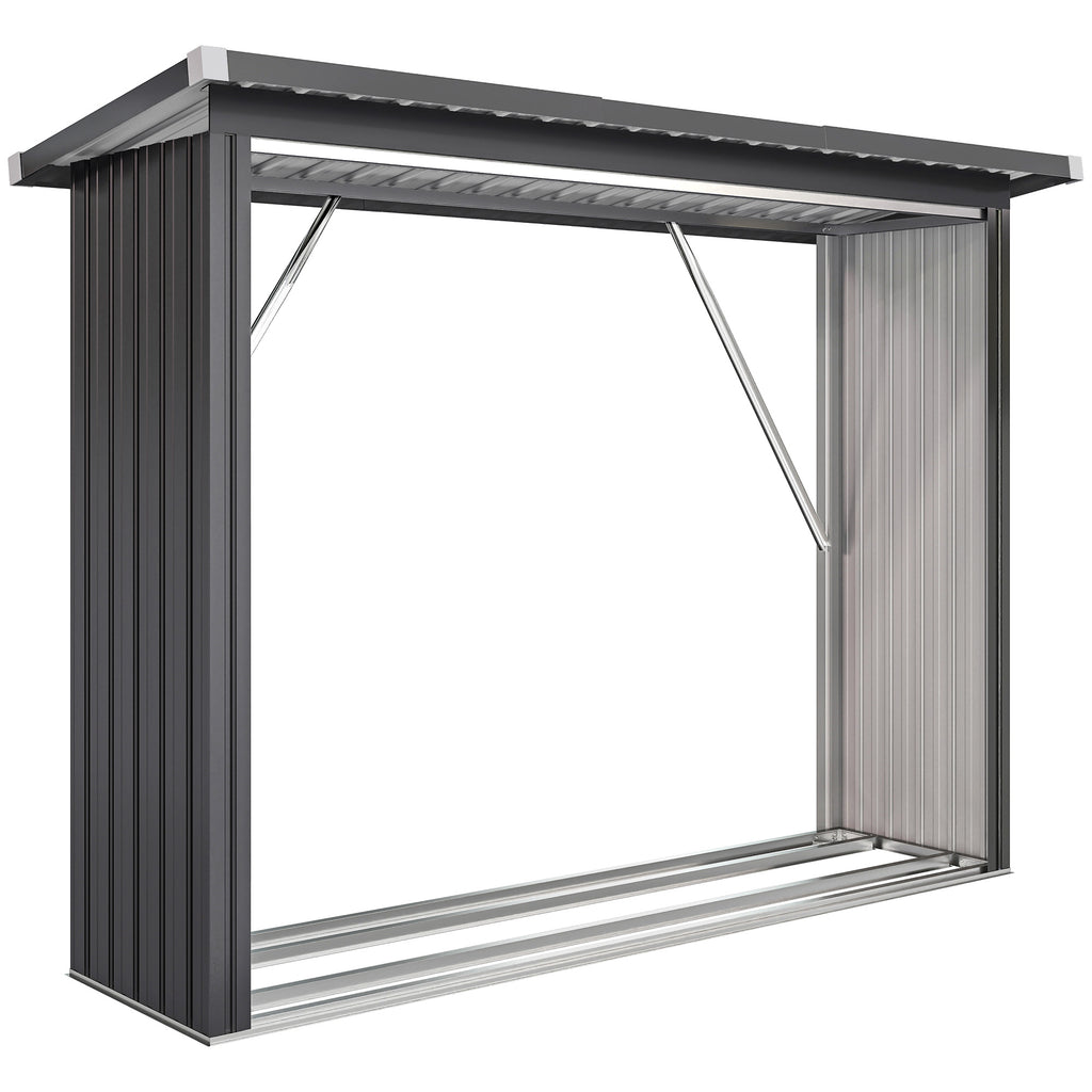 Abri-bûches couvert support pour bois de chauffage plancher surélevé toit incliné, acier galvanisé 213x66,5x150cm gris-0