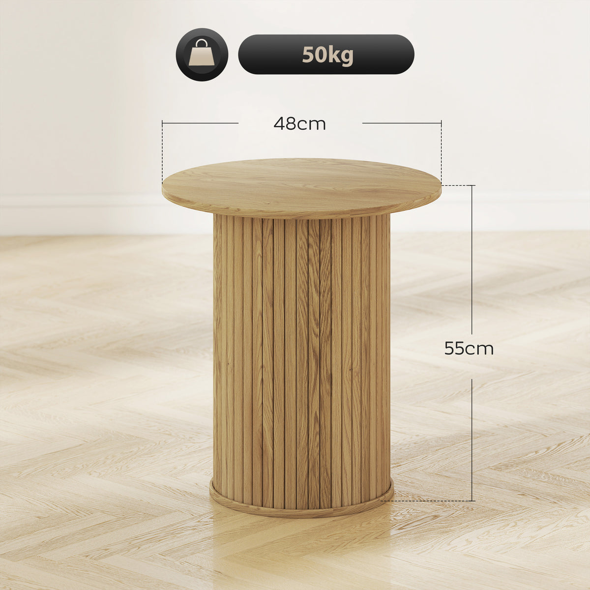Table d'appoint ronde Ø 48 cm, table basse avec pieds cannelés pour salon, chambre ou petit espace, chêne-2