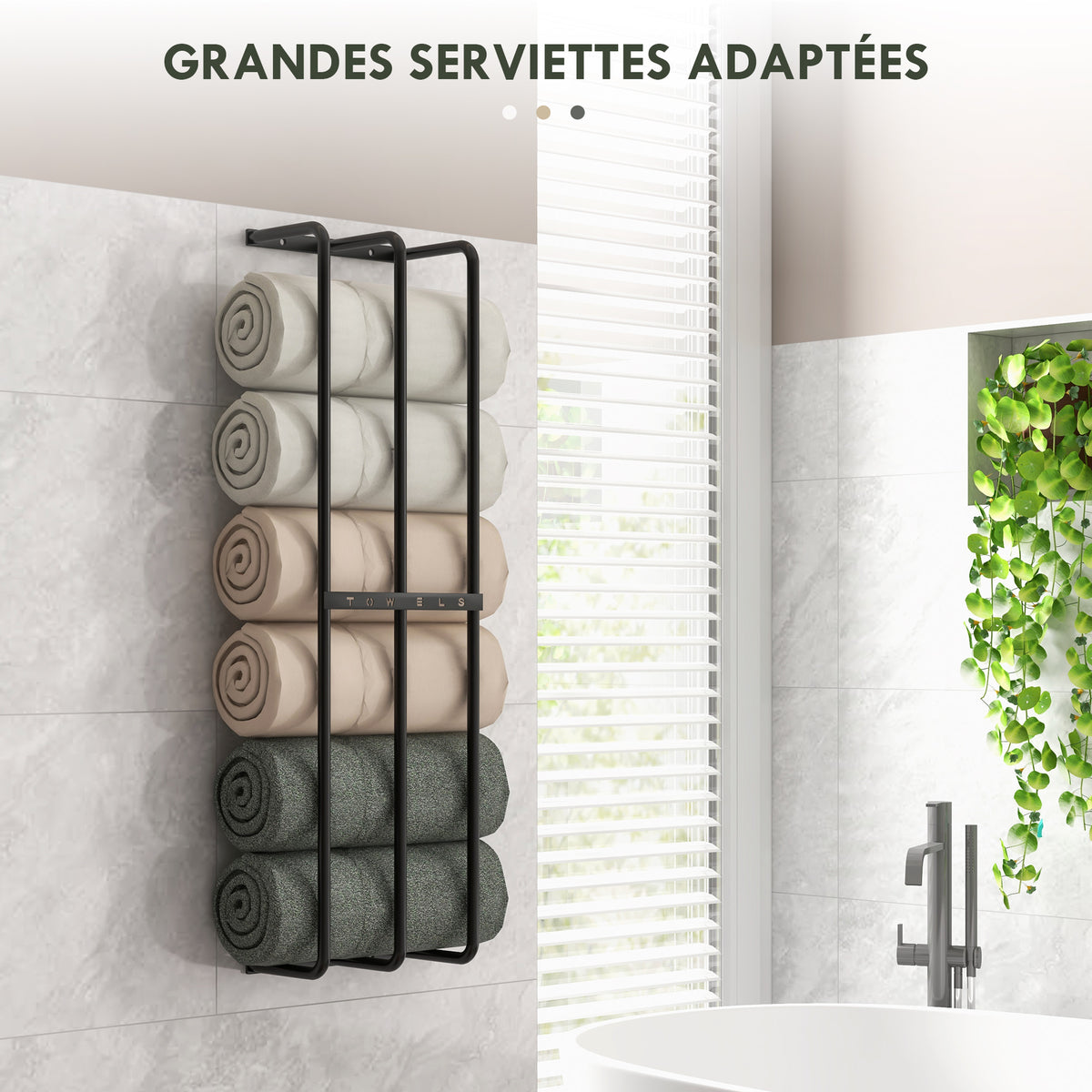 Porte serviettes mural 3 barres en métal noir - peut contenir jusqu'à 6 serviettes, dim. 21l x 12P x 74H cm-4