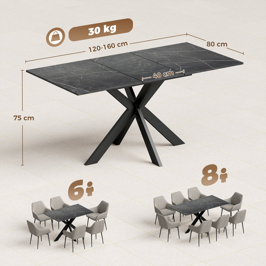 Table à Manger Extensible pour 4 à 8 Personnes, 120-160 cm, Plateau Effet Marbre, Pieds Croisés en Acier, Noir-2