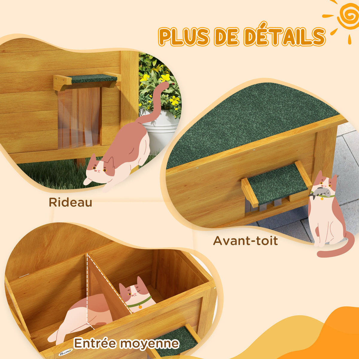 Maison pour chats niche d'extérieur en bois surrélevée avec toit ouvrable isolée  85 x 50 x 68,5 cm naturel vert-6