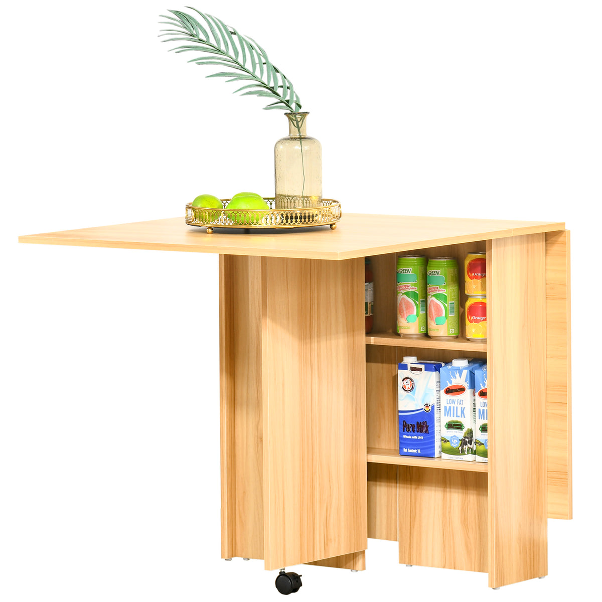 Table pliante de cuisine salle à manger amovible sur roulettes 80L x 140l x 74H cm 2 étagères intégrées en bois coloris bois naturel-0