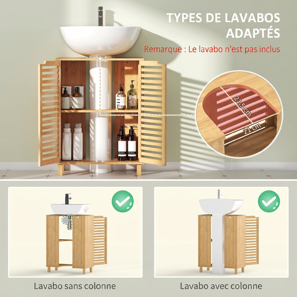 Meuble sous Lavabo en Bambou, Meuble de Salle de Bain avec 2 Portes Persiennes, Étagère Réglable, Bois Naturel-3