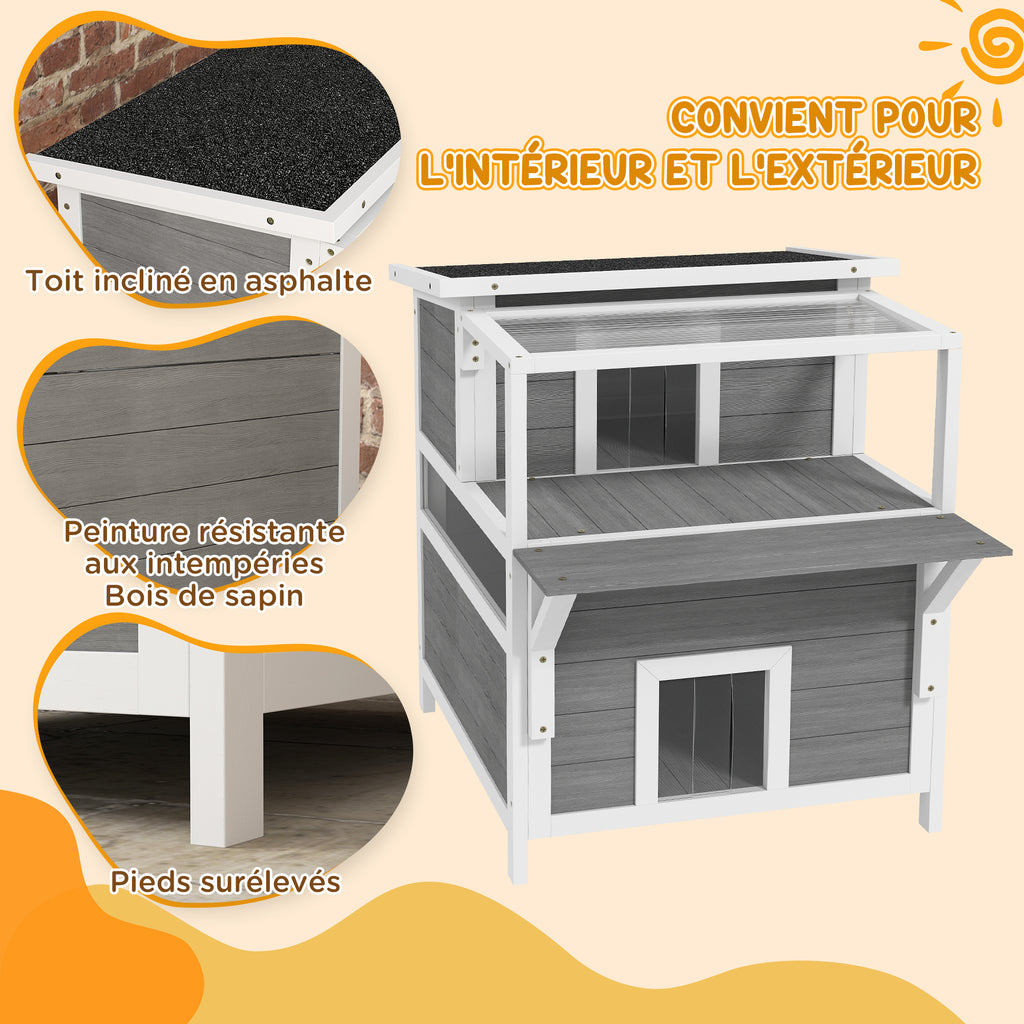 Maison pour chats 2 niveaux avec balcon abrité, toit ouvrable, extérieur, intérieur, gris clair-3