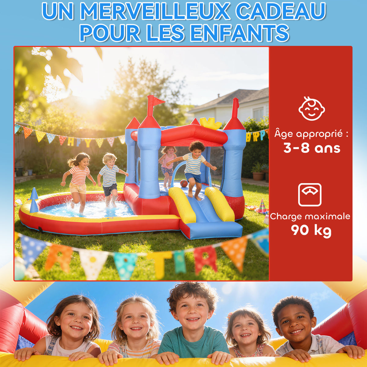 Château gonflable avec souffleur, aire de jeux gonflable avec toboggans, trampoline, piscine à balles, multicolore-8