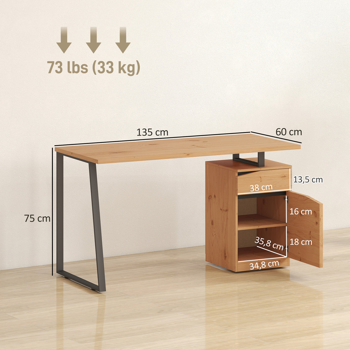 Bureau d'Ordinateur avec Placard et Tiroir 135 x 60 cm, Étagère Réglable, Pieds en Métal, Style Industriel, Bois Naturel-2