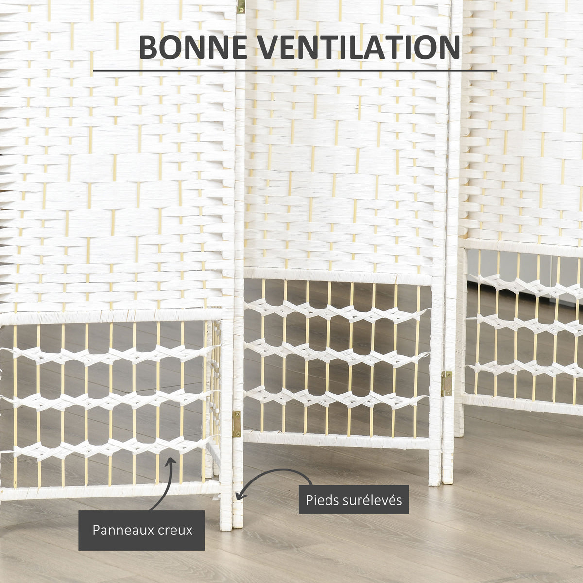 Paravent en bois 242 x 170 cm séparateur de pièce pliable 6 panneaux cloison de séparation chambre à coucher maison intérieur blanc-3