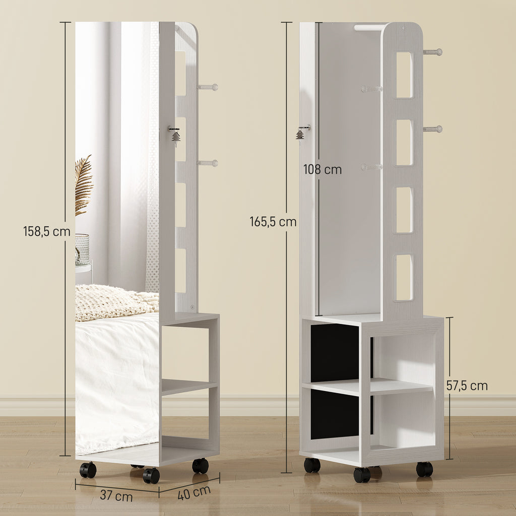 Armoire à bijoux armoire avec miroir sur pied pivotante à 360° éclairage LED 37x40x165,5cm cadre blanc, doublure noire-2