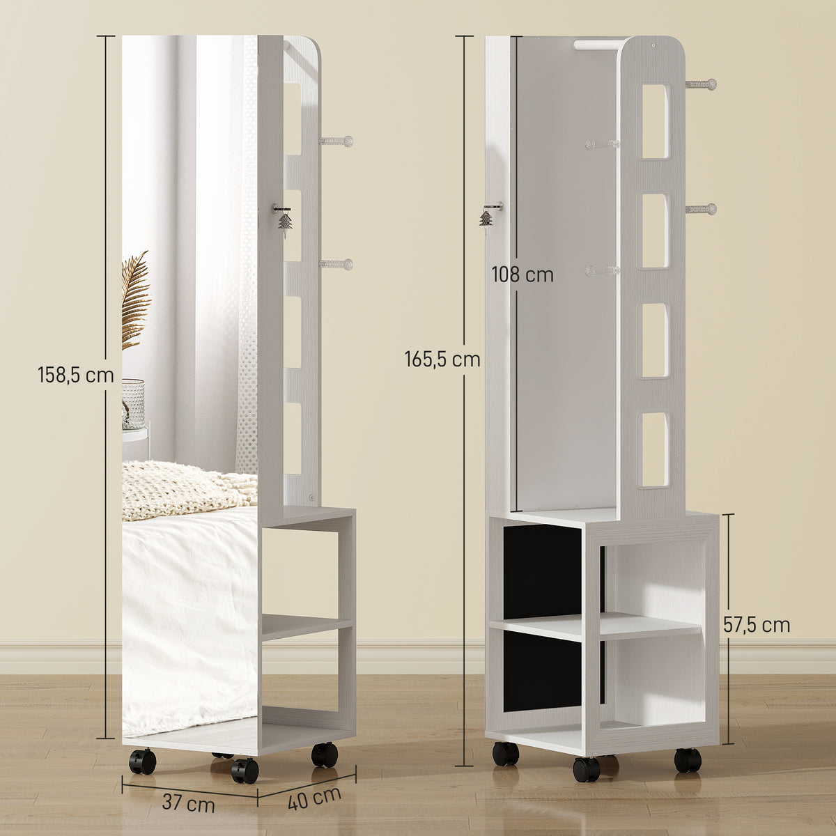 Armoire à bijoux armoire avec miroir sur pied pivotante à 360° éclairage LED 37x40x165,5cm cadre blanc, doublure noire-2