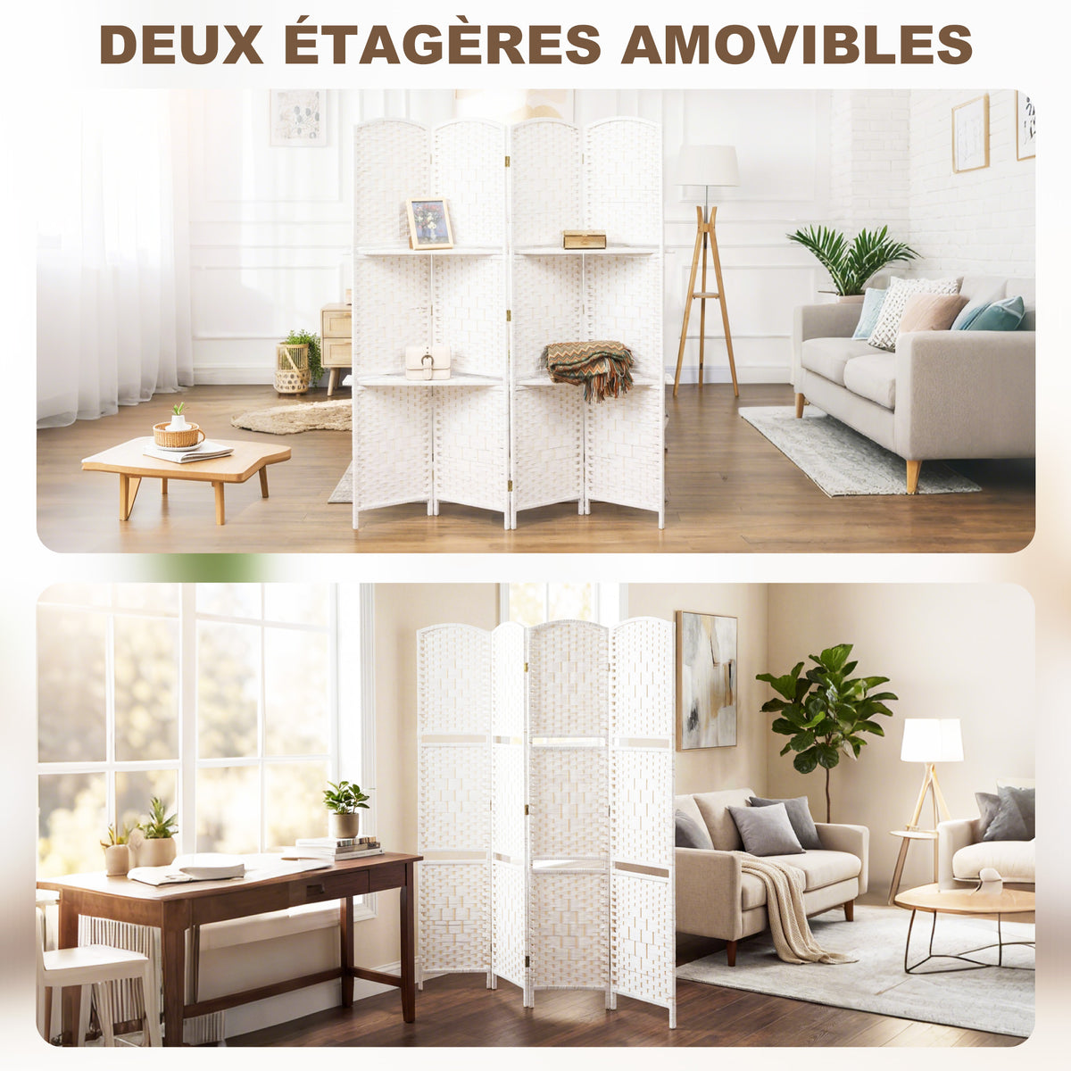 Paravent séparateur de pièce 4 panneaux 160 x170 cm avec 2 étagères, pliable, en bois-4