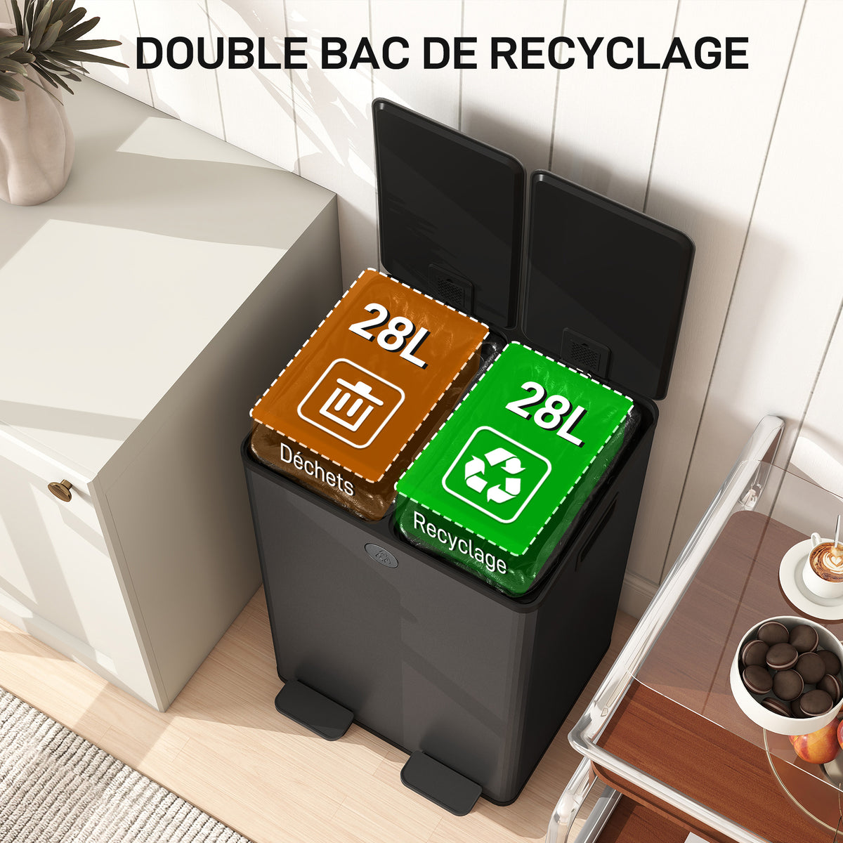 Poubelle de cuisine 2 compartiments de 2 x 28L, acier inoxydable, couvercle à fermeture douce, 45,8x36x67,6cm, noir-3