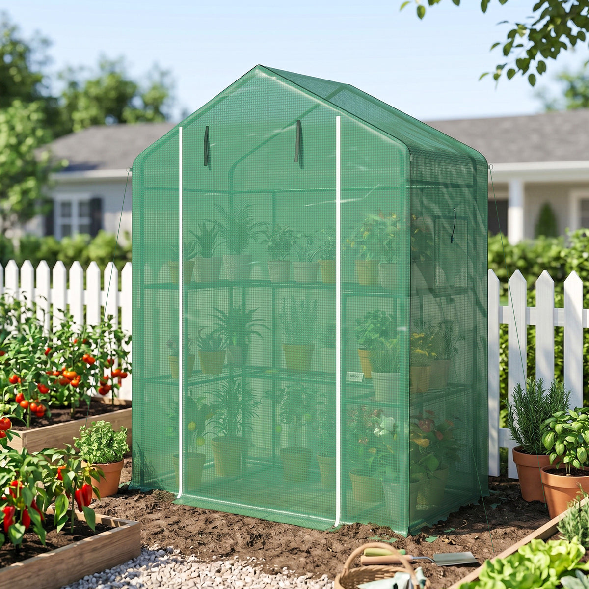 Serre de jardin avec 1 porte, 2 fenetres et 2 étagères en forme de U pour Légumes Plantes Fleurs Bâche PE 140x73x190 cm-8