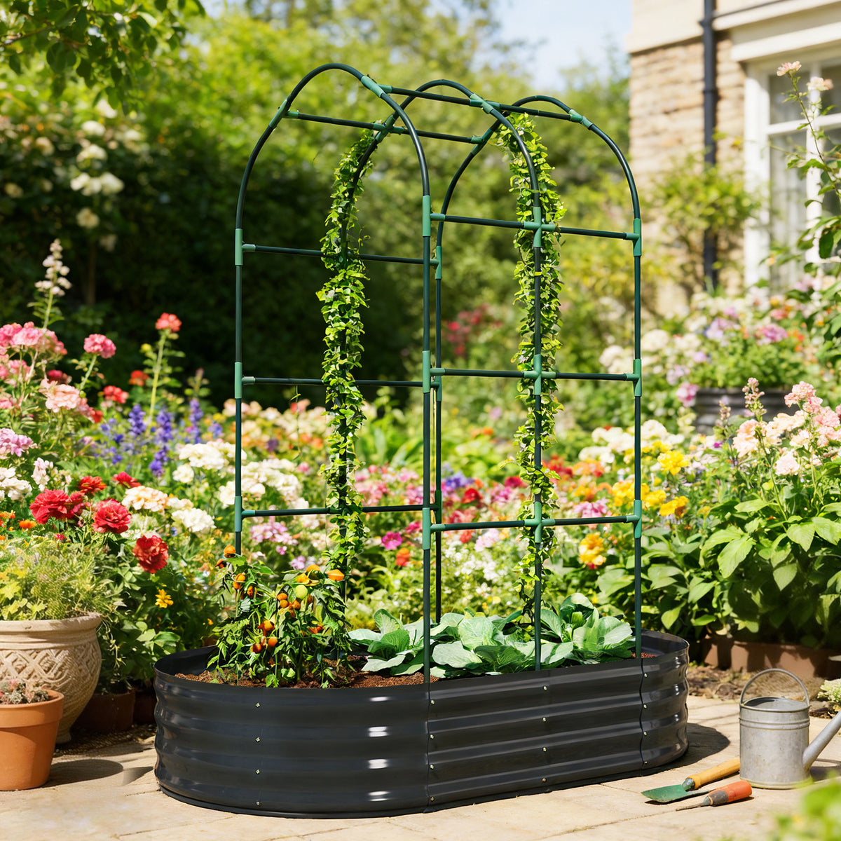 Jardinière avec treillis arqué, bac à fleurs en métal avec fond ouvert, gants inclus, 160x90x180cm, gris foncé-1
