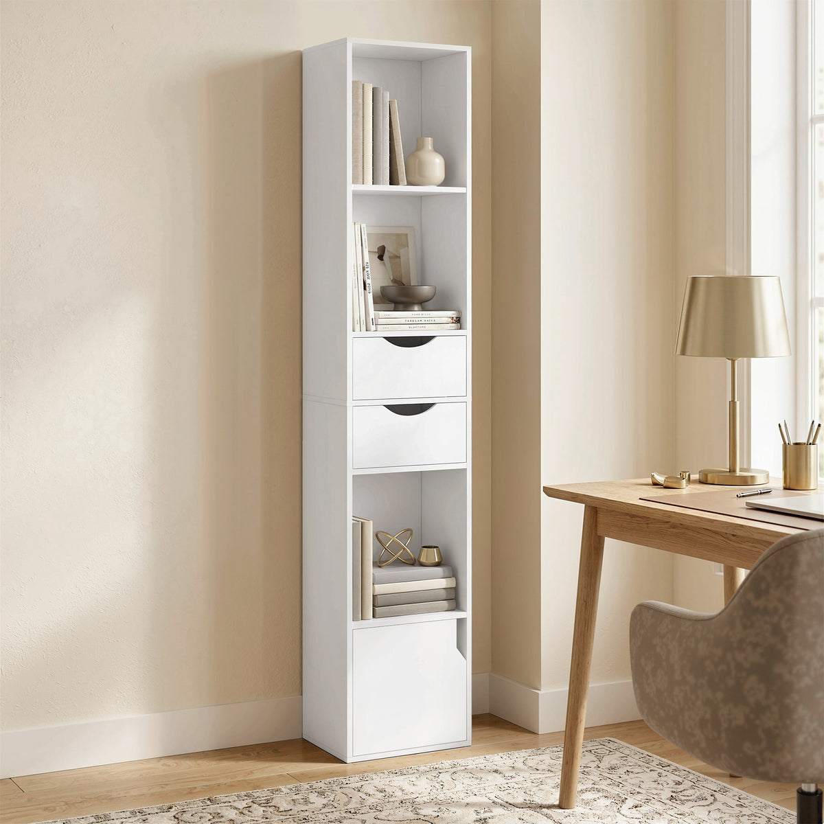 Bibliothèque étagère de rangement avec porte, 2 tiroirs, compartiments ouverts et étagère réglable, 30x24x158cm, blanc-7