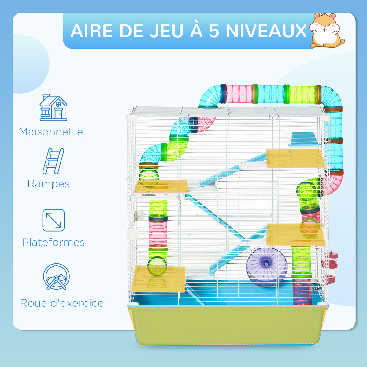 Grande cage pour hamsters cage pour rongeur 5 niveaux avec tunnels abreuvoir roue maisonnette échelles dim. 59L x 36l x 69H cm-5
