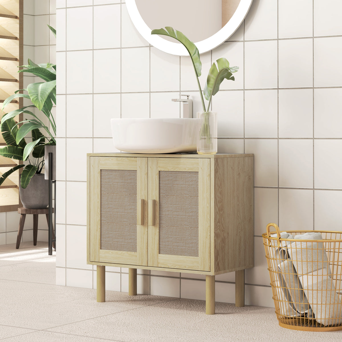 Meuble salle de bain sous lavabo meuble sous lavabo portes en rotin pieds bois de pin 2 niveaux 60 x 30 x 60 cm chêne-1