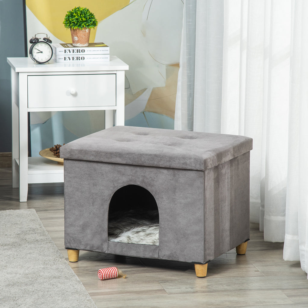 Niche chat maison de chat design surélevé avec coussin amoviable et lavable en peluche doux repose-pieds, dessus ouvrable, gris-9