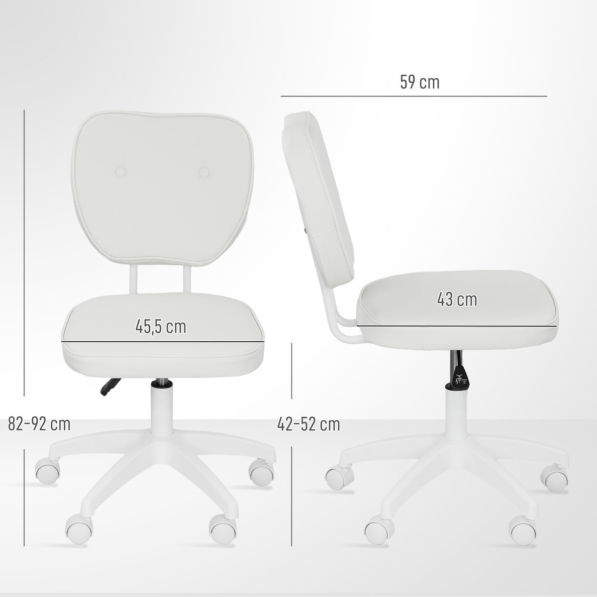 Chaise de bureau sans accoudoirs, fauteuil de bureau, hauteur réglable, pivotant 360°, 46 x 59 x 82-92 cm, blanc-2