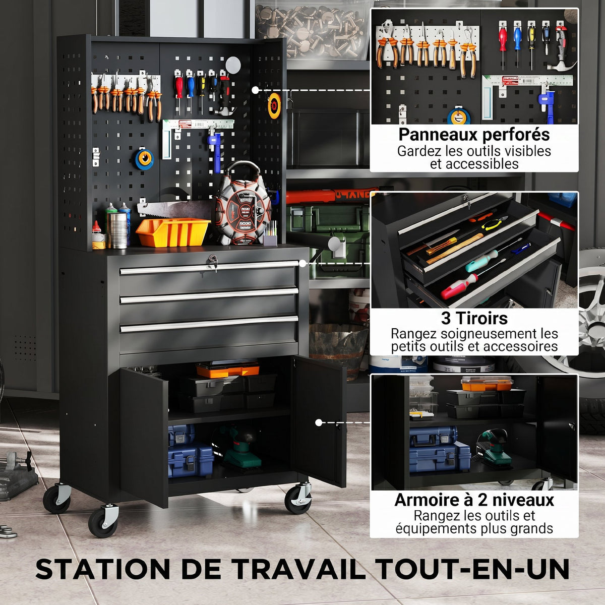 Servante d'atelier en acier à 3 tiroirs, chariot à outils sur roulettes, étagère réglable, panneau perforé, noir-3