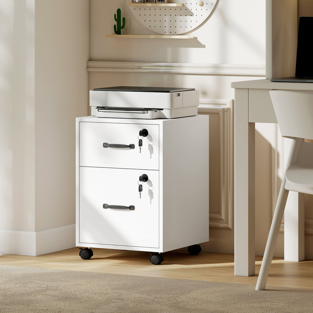Caisson bureau mobile à 2 tiroirs, meuble rangement bureau sur roulettes pour documents suspendus format lettre, blanc-9