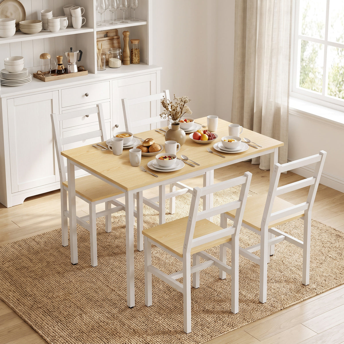 Ensemble Table Salle à Manger avec 4 Chaises, Table Rectangulaire 108 cm, Chaises à Dossier à Lattes, Chêne et Blanc-7