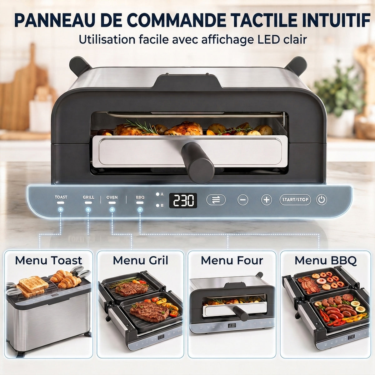 Mini-Four Électrique 3-en-1 1700 W, Grille-Pain à Fente Longue, Gril de Table 4,9L, Écran LED, Minuterie 60 min, Argenté-4