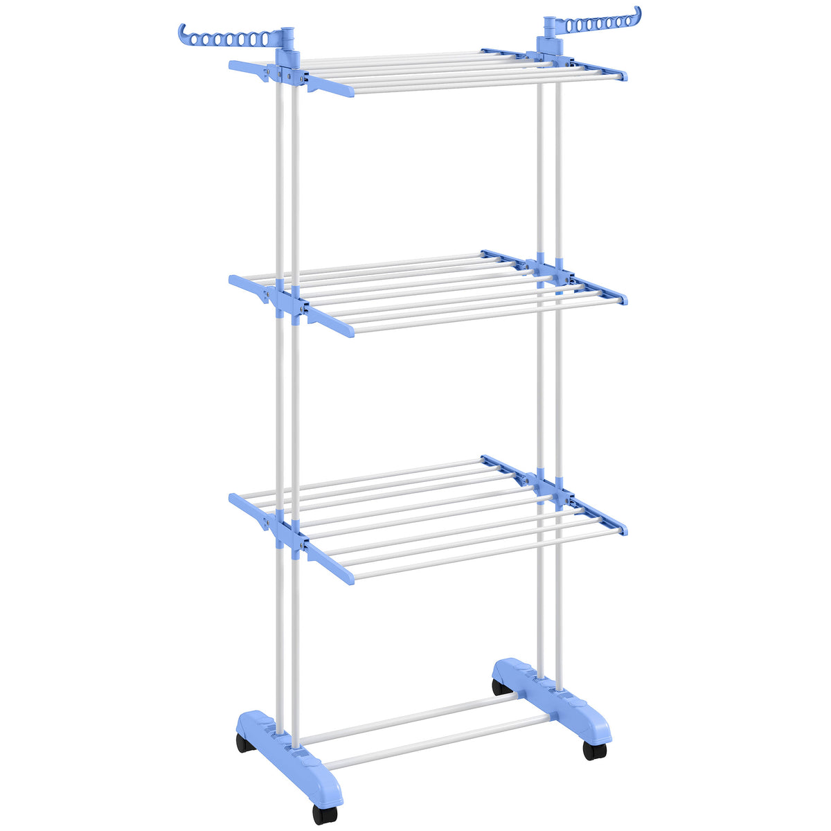 Séchoir étendoir à linge sur roulette pliable ailes latérales intérieure et extérieure 73 x 64 x 177 cm bleu argent-0