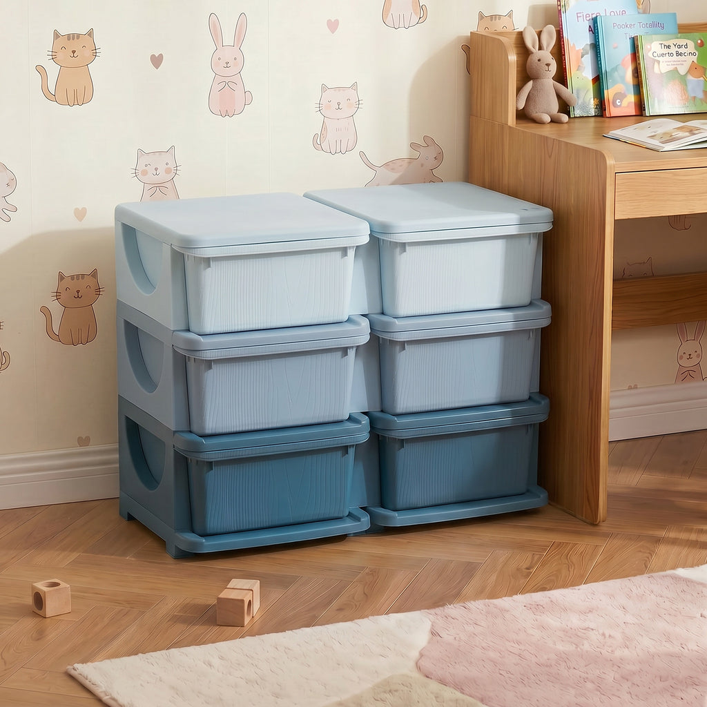 Organisateur de jouets pour enfants à 3 niveaux avec 6 tiroirs, boîtes de rangement en plastique, 75x37x56,5cm, bleu-9